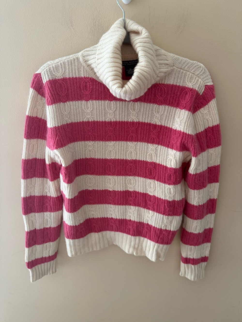 Daniel Bishop Cashmere Sweater cable knit turtle neck pink white stripe size M